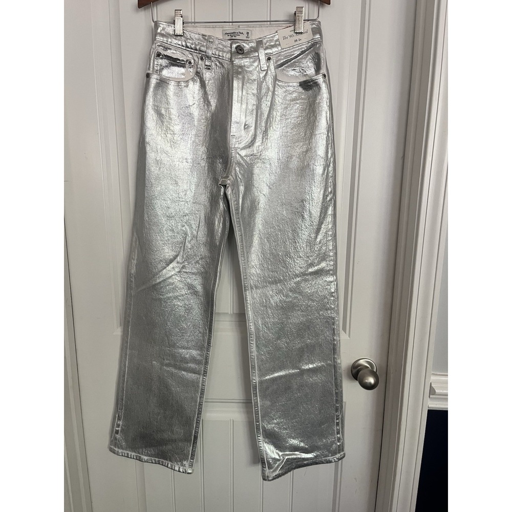 New Abercrombie & Fitch 90's High Rise Silver Metallic 26 2R Shiny Jeans 734